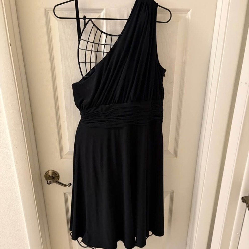 Evan Picone One Shoulder Cocktail Dress Womens 14 Black Ruched Party Midi